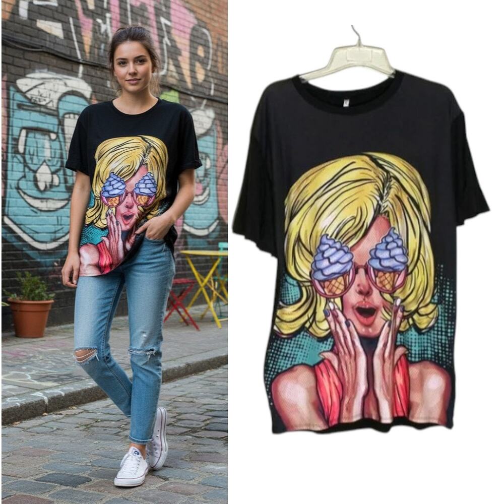 Y2K Aesthetic Graphic Tee Large Black Pinklicious Ruffle Sleeve Long T-Shirt